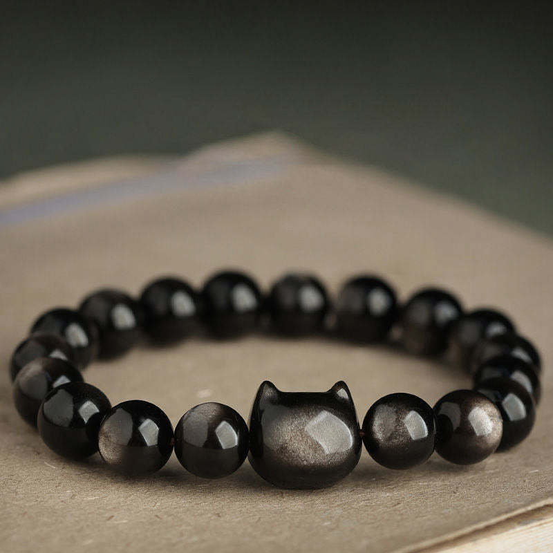 Gold Sheen Obsidian Silver Sheen Obsidian Lovely Paw Lucky Cat Protection Bracelet