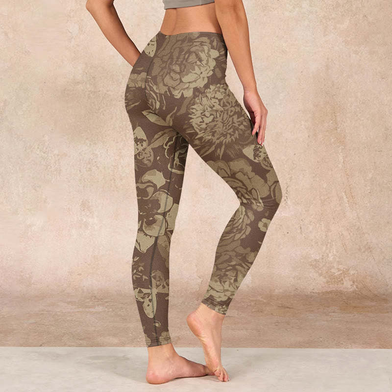 Peony Flowers Leaves Blossom Print Gym Fitness Leggings Women's Yoga Pants