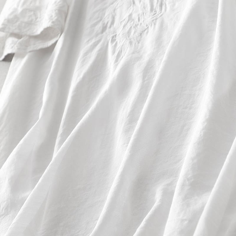 Summer White Pure Color Embroidery Leaf Flower V-Neck Short Sleeve Cotton Linen Midi Dress With Pockets