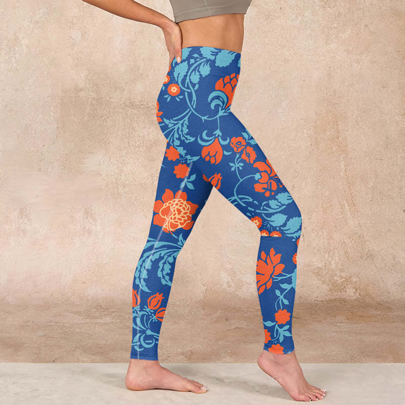 Steel Blue Red Tulips Flowers Leaves Print Gym Leggings Women's Yoga Pants