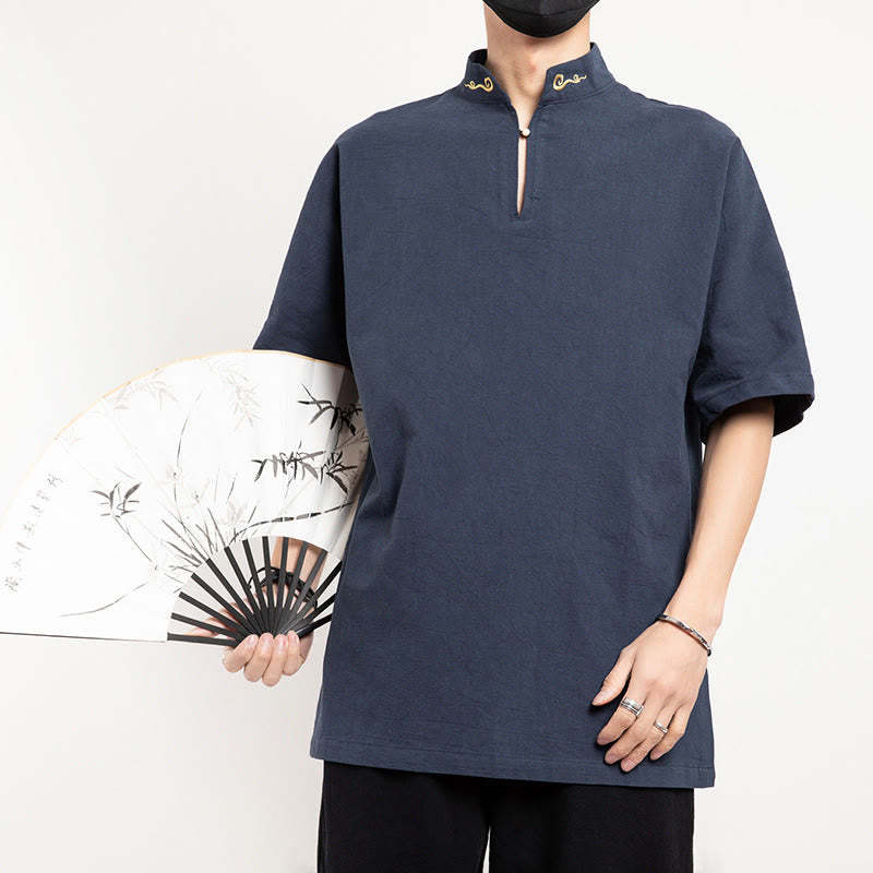 Chinese Tang Suit Embroidery Half Sleeve Shirt Linen Men Clothing