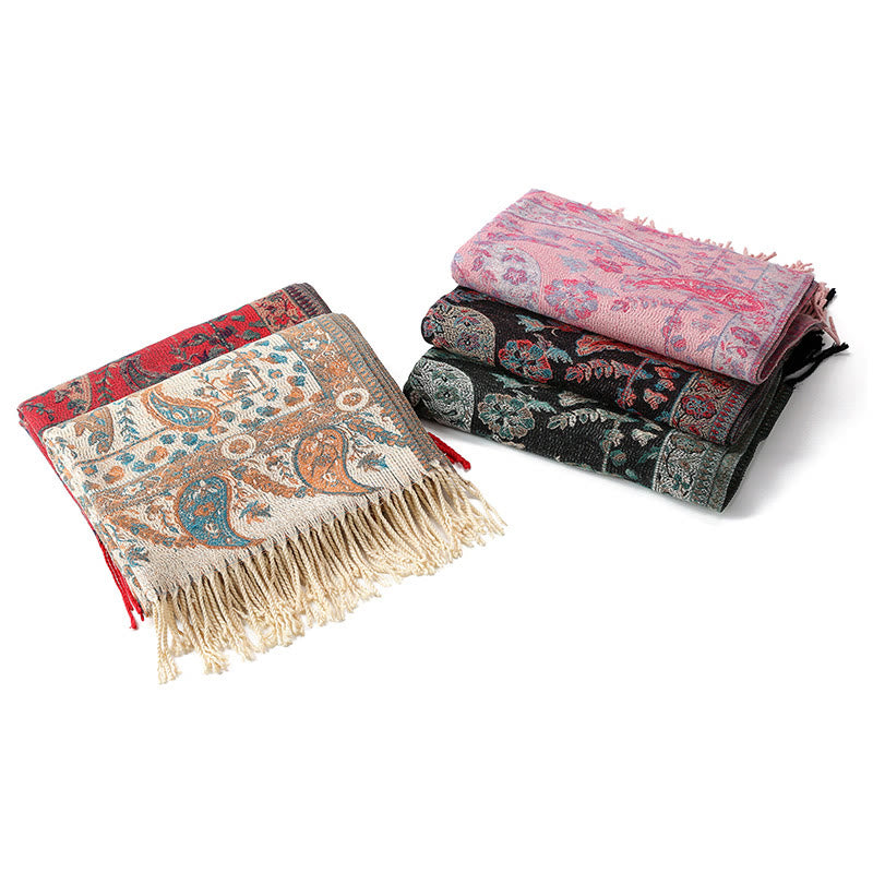 Tibetan Cashew Flowers Leaves Vine Tassels Shawl Fall Winter Soft Cozy Scarf Wrap