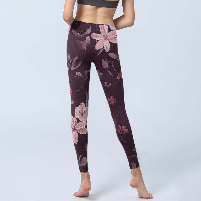 Purple White Flowers Leaves Blossom Print Gym Fitness Leggings Women's Yoga Pants