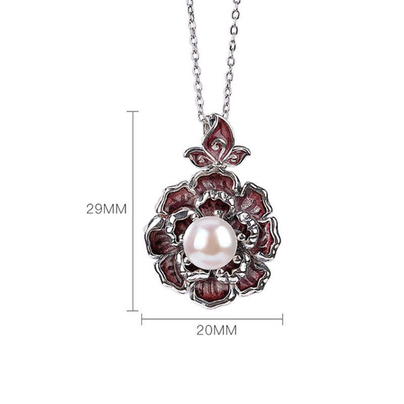 999 Sterling Silver Peony Flower Pearl Healing Necklace Pendant
