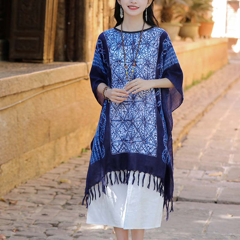 Blue Stripe Geometry Indigo Dyeing Shawl Tassels Travel Pullover 90*95cm