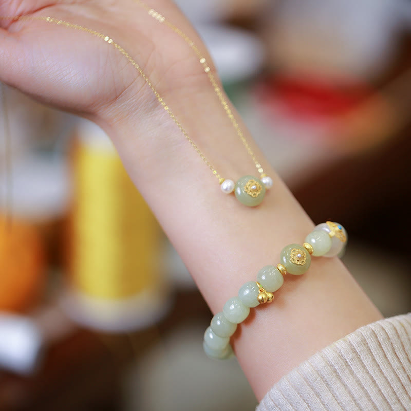925 Sterling Silver Plated Gold Natural Hetian Jade Luck Necklace Pendant Bracelet Set