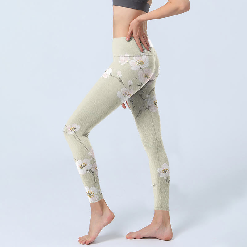 Beige Plum Blossoms Print Gym Leggings Women's Yoga Pants