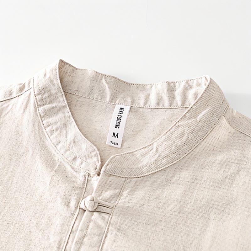 Soft Plain Frog-button Crew Neck Cotton Linen Half Button Men's Shirt
