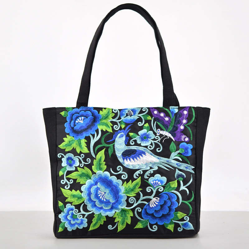 Galsang Magpie Peony Camellia Chrysanthemum Embroidery Canvas Shopping Purse Handbag Shoulder Bag