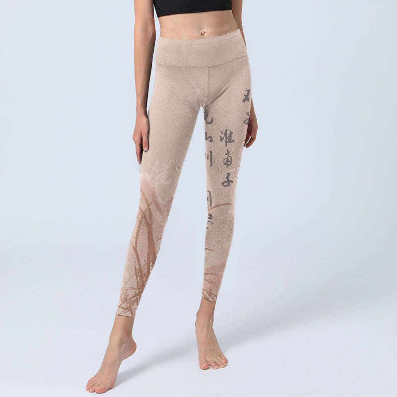 Calligraphy Orchid Print Gym Leggings Women's Yoga Pants