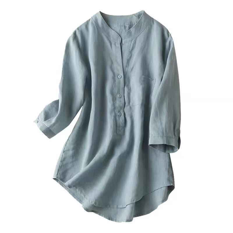 Casual Women's V-neck Three Quarter Sleeve Design Plain Cotton Linen Shirt