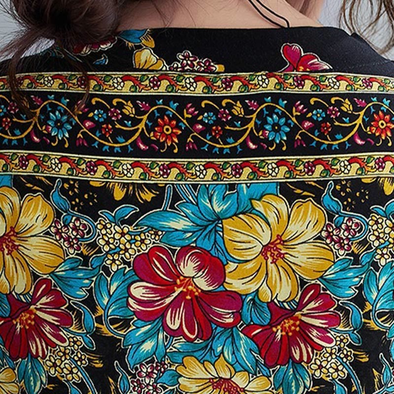 Casual Loose Printing Flower Pattern V-Neck Half Sleeve Design Polyester Midi Dress With Pockets