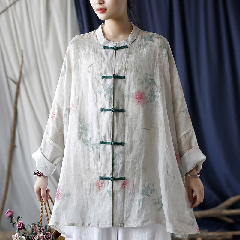 White Red Flowers Green Leaves Frog-Button Long Sleeve Ramie Linen Jacket Shirt