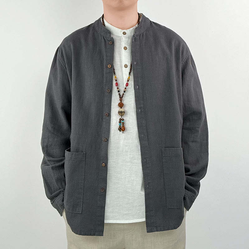 Casual Solid Color Ramie Linen Cotton Men's Shirt With Pockets