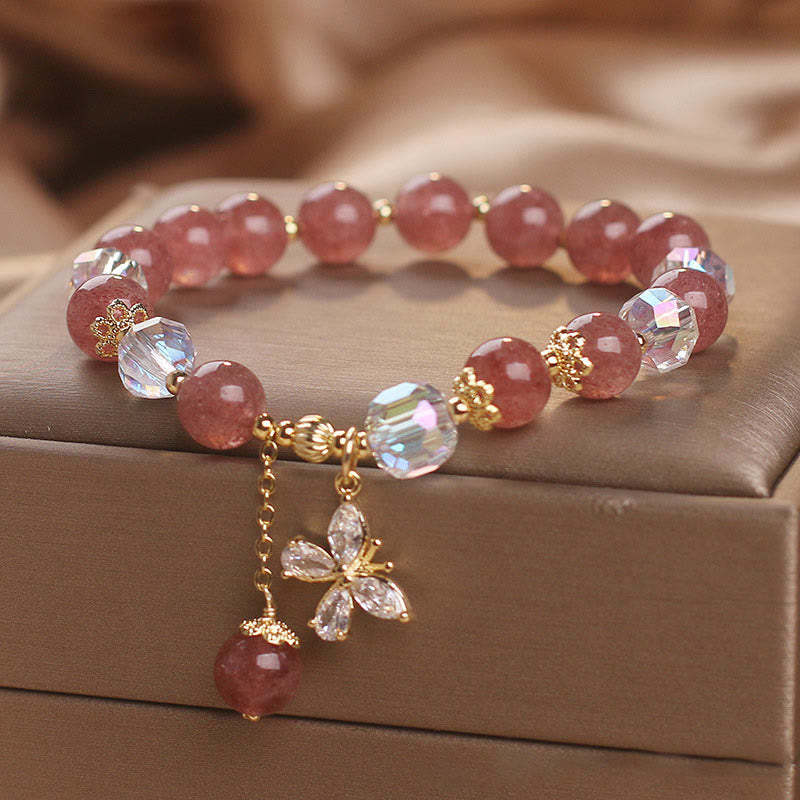Natural Strawberry Quartz Love Healing Butterfly Charm Bracelet