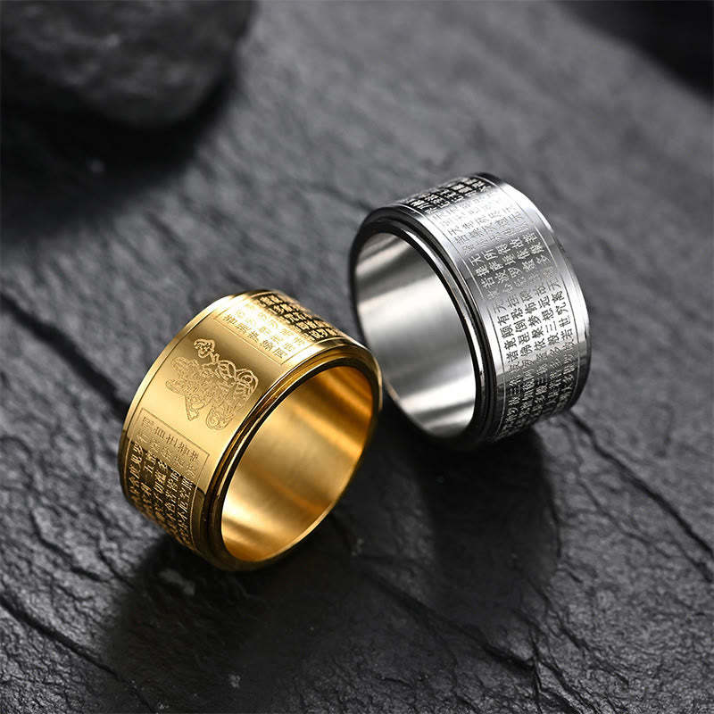 Chinese Zodiac Natal mystic zen Heart Sutra Carved Titanium Steel Calm Rotatable Ring