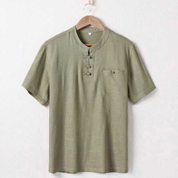 Loose Men's Shirt Solid Color Notched Neck Top Short Sleeve Comfy Button Breathable Cotton Linen Shirt