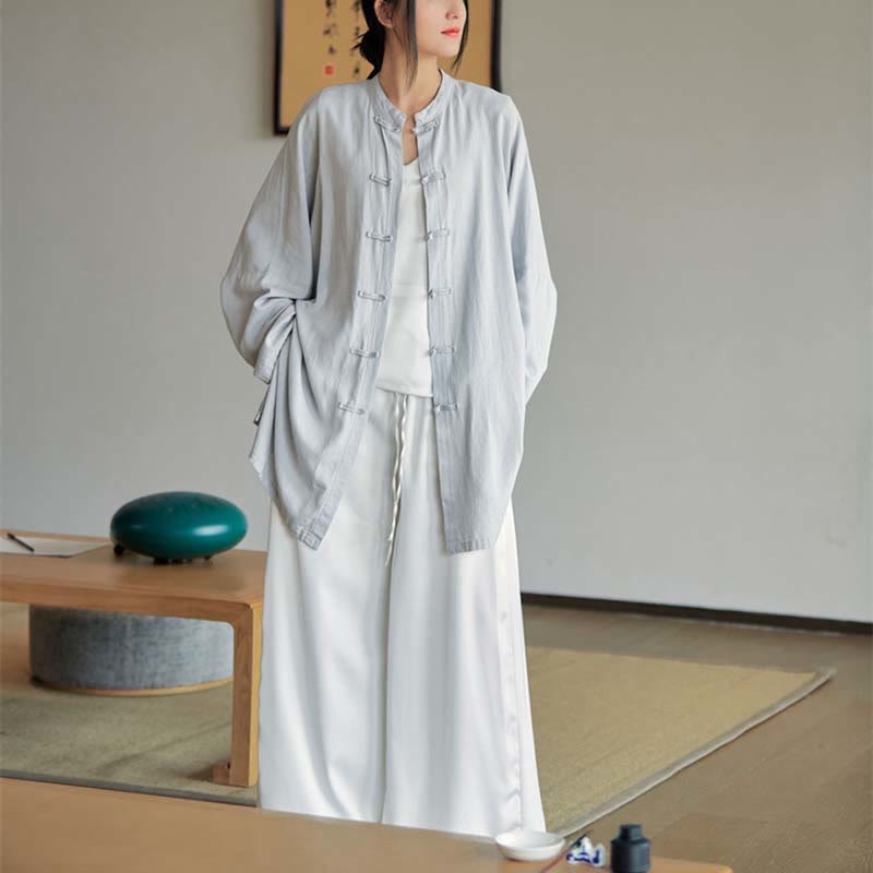 Plain Frog-Button Design Shirt Zen Tai Chi Meditation Top Clothing Cotton Linen Jacket