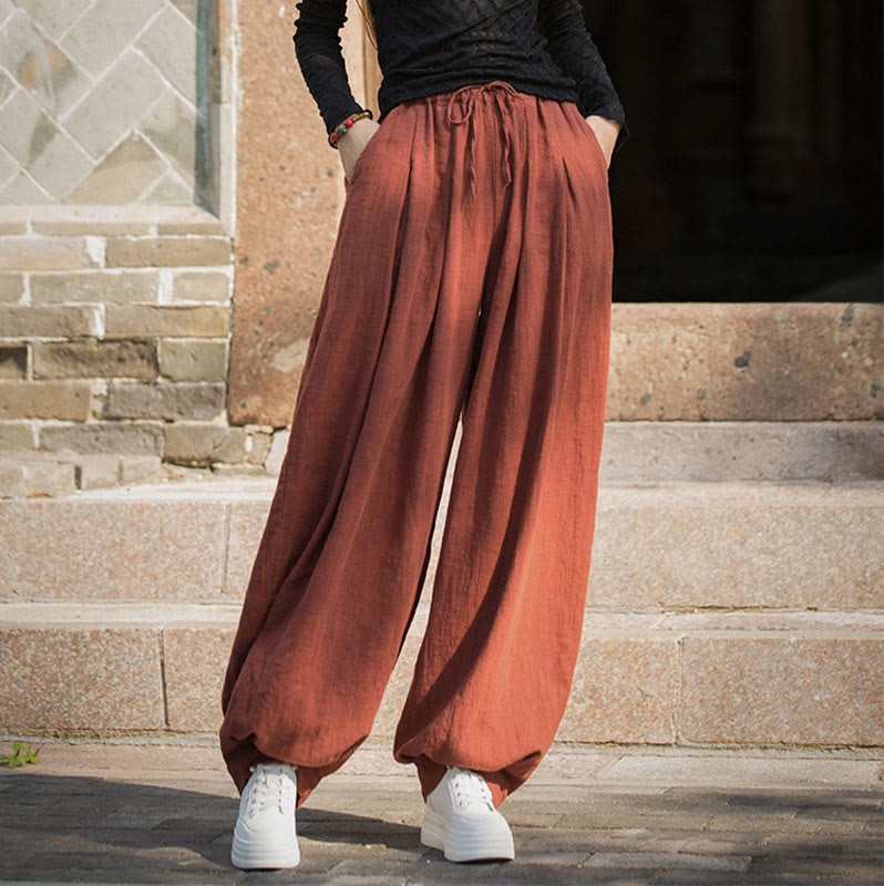 Casual Plain Loose Waist Tie Rope Women's Ramie Cotton Pants With Pockets