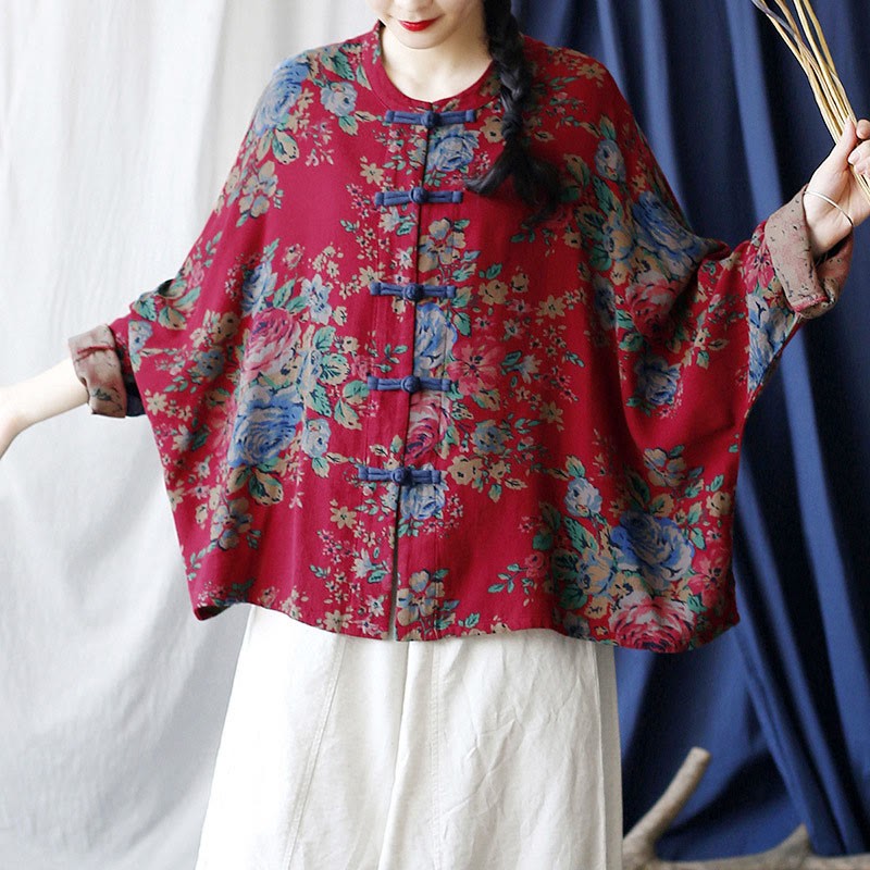 Red Flowers Green Leaves Print Frog-button Design Long Sleeve Cotton Linen Jacket Shirt