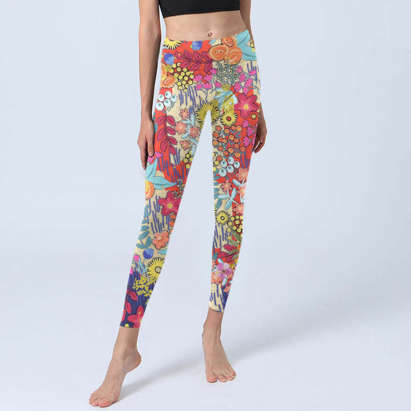 Colorful Flowers Leaves Print Gym Fitness Leggings Women's Yoga Pants