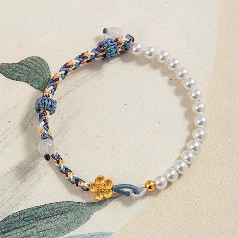 925 Sterling Silver Peach Blossom Pearl Chalcedony Healing Rope Bracelet