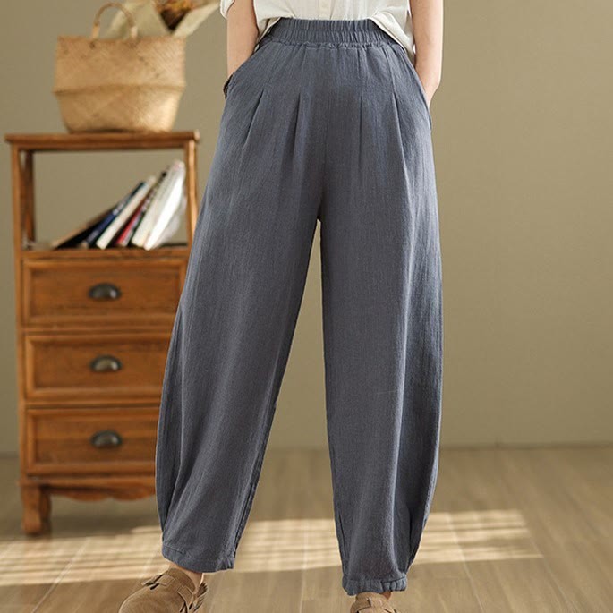 Casual Solid Color Tapered Elastic Waistband Cotton Linen Women's Pants With Pockets