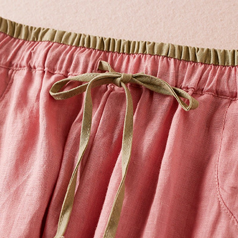 Wild Simple Design Embroidery Drawstring Cotton Linen Women's Shorts With Pockets