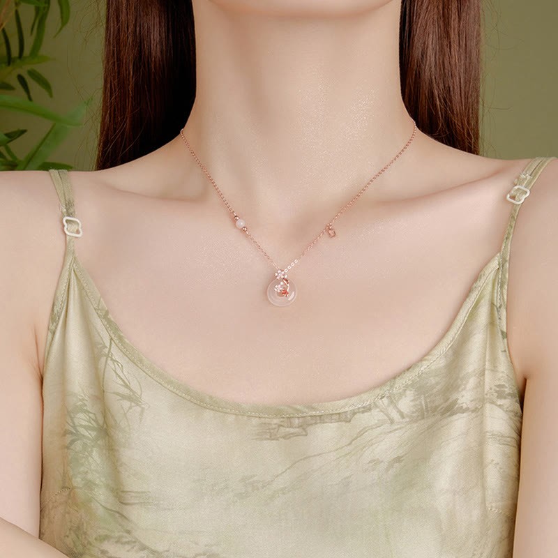 Chalcedony Pink Crystal 925 Sterling Silver Flowers Koi Fish Peace Buckle Positive Necklace Pendant