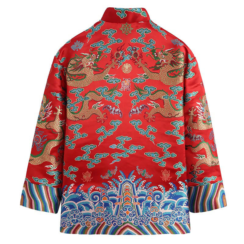 Chinese New Year Dragon Embroidery Auspicious Clouds Frog-button Tang Suit Men's Jacket Shirt