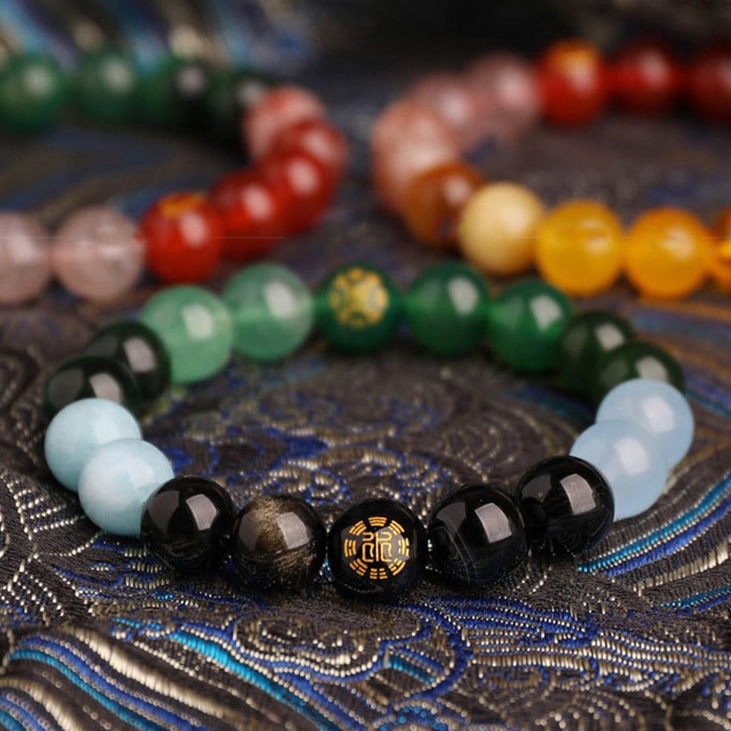 Five Elements Various Agate Crystal Black Onyx Green Chalcedony Aquamarine Wisdom Bracelet