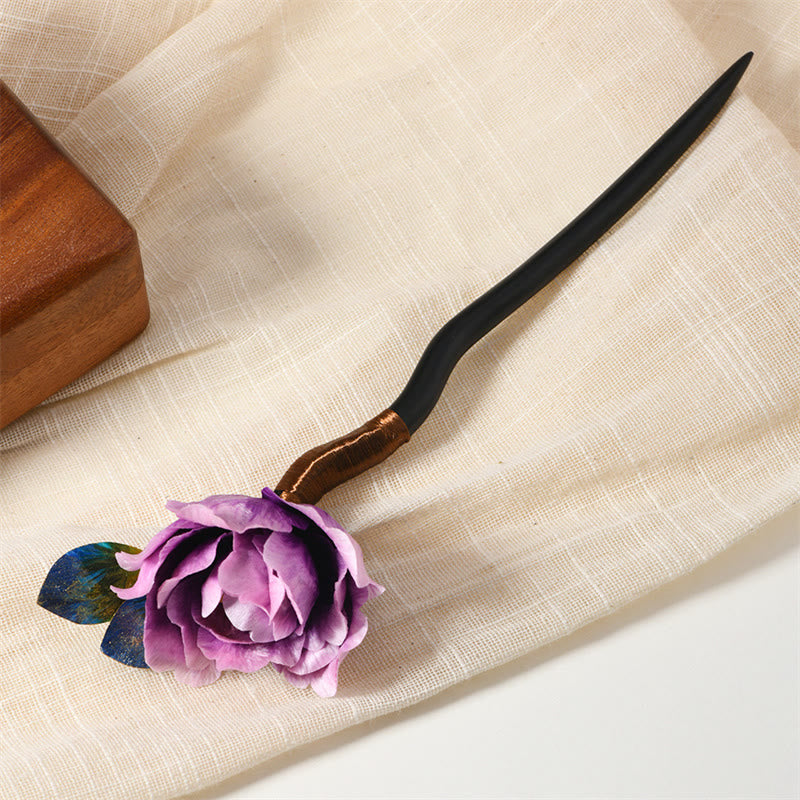 Intangible Cultural Heritage Craft Ebony Wood Silk Flower Butterfly Pearl Blessing Hairpin
