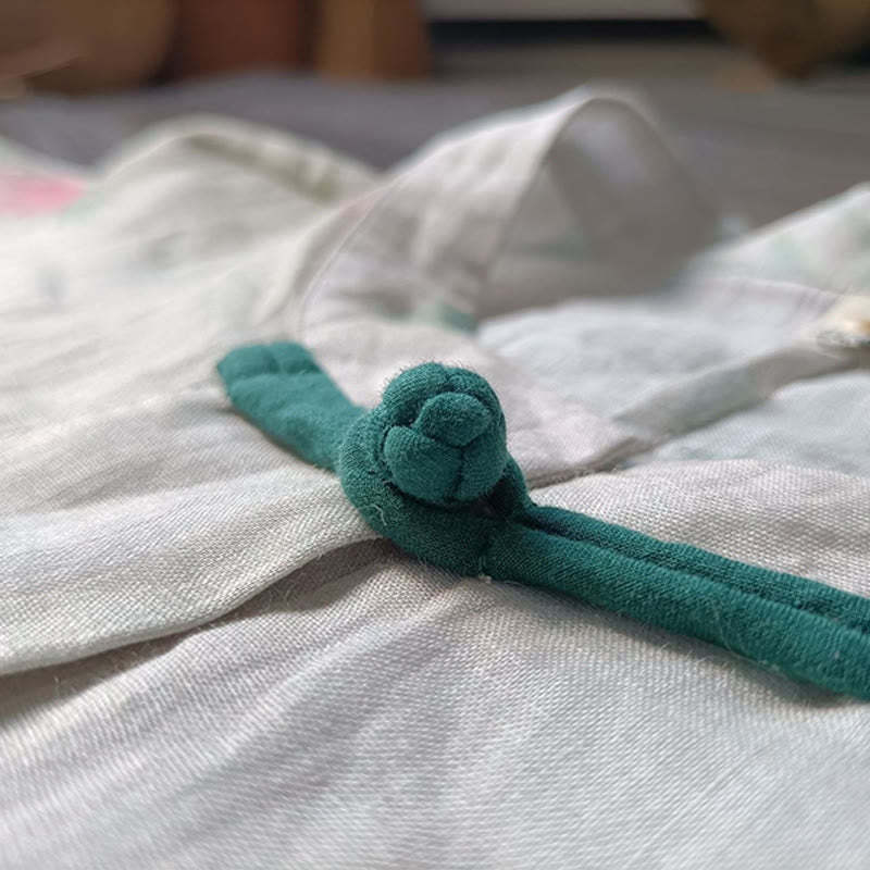 White Red Flowers Green Leaves Frog-Button Long Sleeve Ramie Linen Jacket Shirt