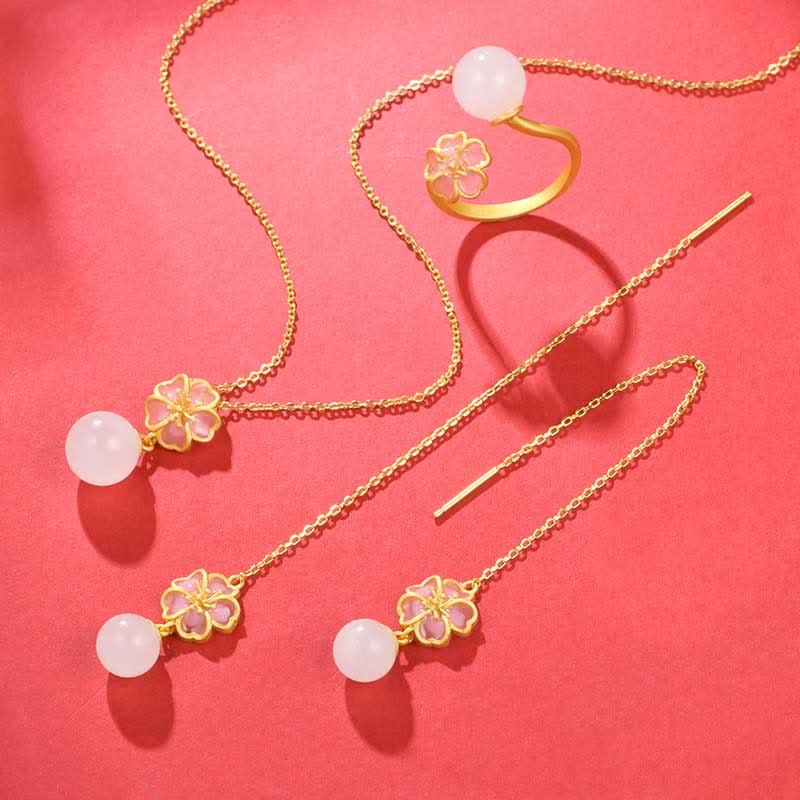 925 Sterling Silver Natural Hetian White Jade Cherry Blossom Sakura Luck Necklace Pendant Ring Earrings Set