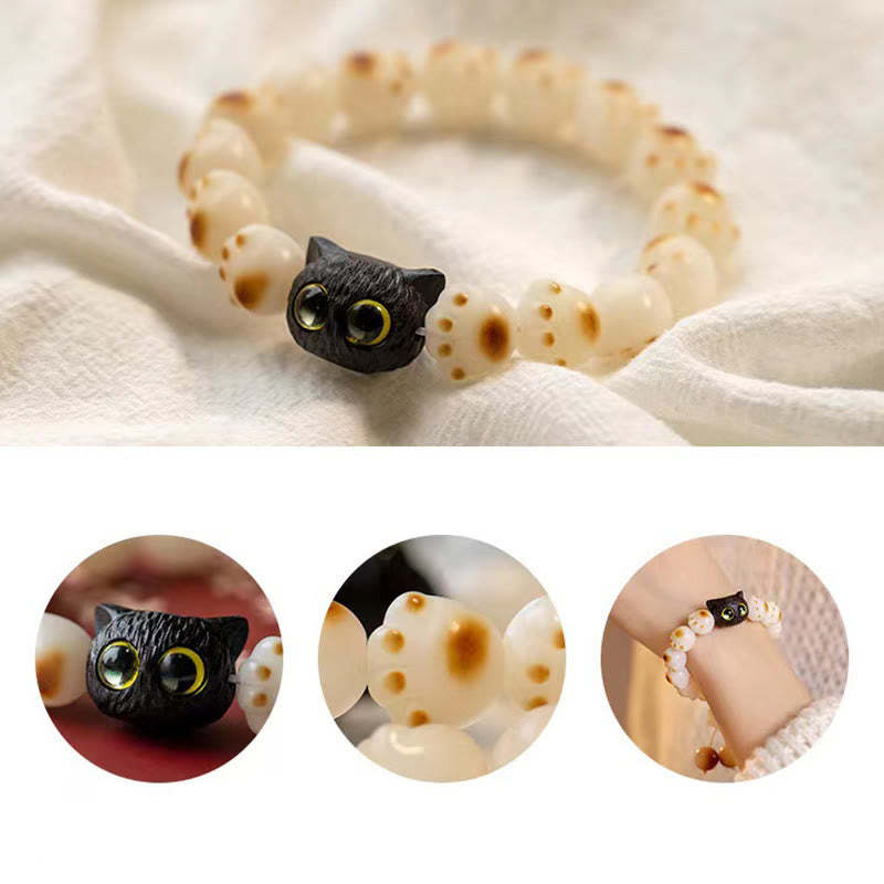 Natural Bodhi Seed Red Sandalwood Lovely Paw Lucky Cat Peace Bracelet
