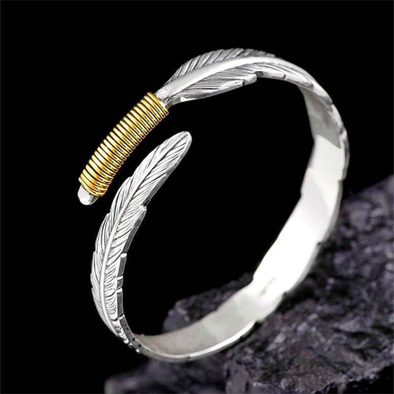 Feather Pattern Engraved Luck Cuff Bracelet Bangle