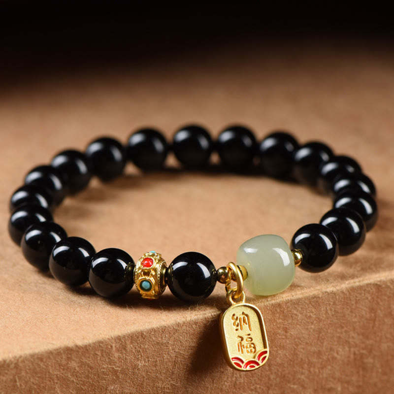 Black Onyx Hetian Jade Bead Lucky Fortune Charm Bracelet