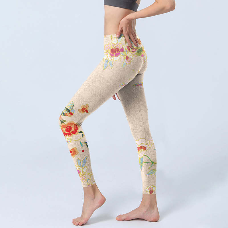 Apricot Butterfly Peony Flowers Leaves Print Gym Leggings Women's Yoga Pants