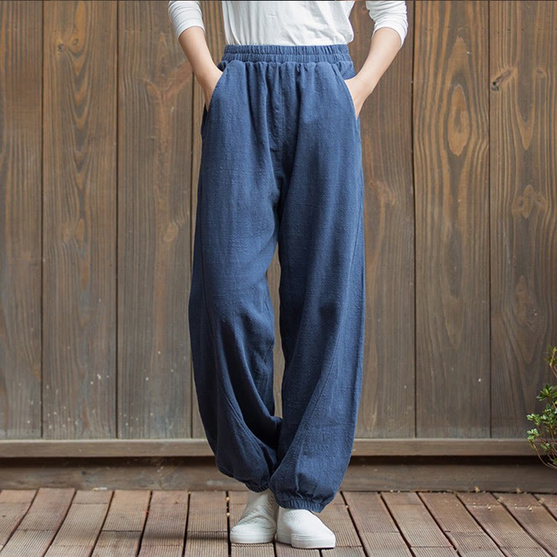 Casual Solid Plain Color Carrot Elastic Waistband Cotton Ramie Women's Pants With Pockets