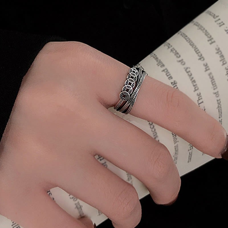 925 Sterling Silver Copper Coins Wealth Blessing Adjustable Ring