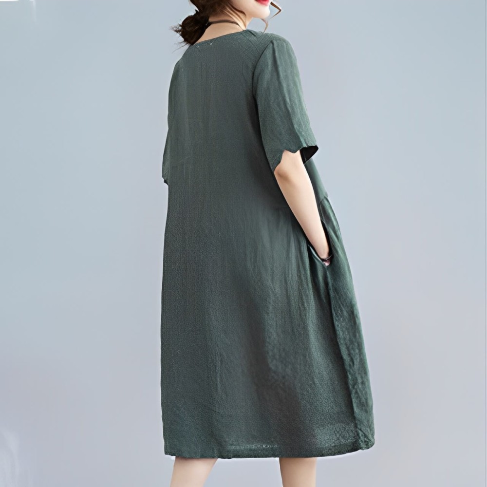 Casual Loose Solid Color Cotton Linen Crew Neck Half Sleeve Design Midi Dress With Pockets