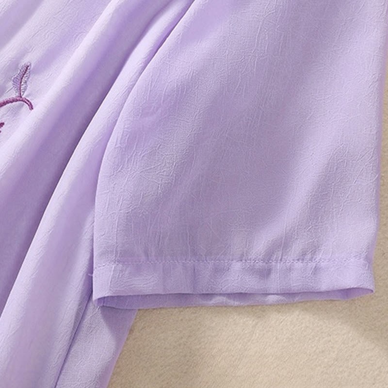 Embroidery Plants Flower Half Sleeve Plain Frog-Button Stand Collar Women's Shirt