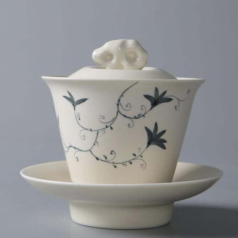 Hand Painted Pomegranate Hibiscus Pine Lotus Ceramic Gaiwan Sancai Teacup Kung Fu Tea Cup And Saucer With Lid