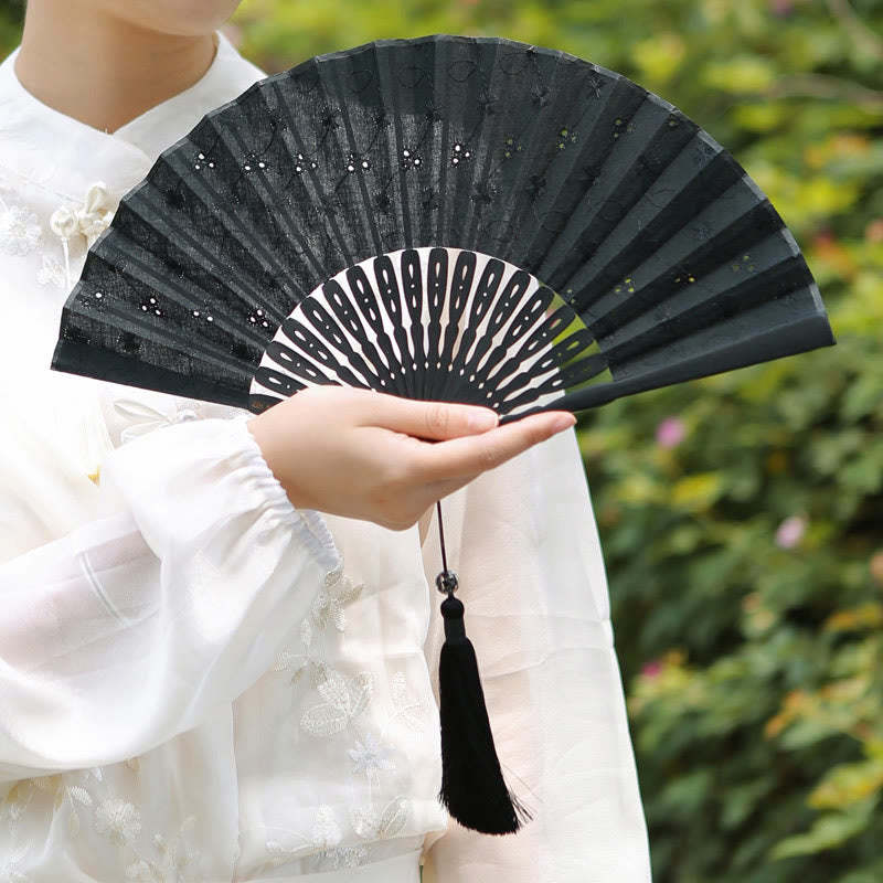 Solid Color Hollow Flowers Embroidery Cotton Fabric Handheld Bamboo Folding Fan