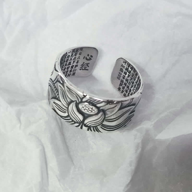 999 Sterling Silver Lotus Symbol Heart Sutra Protection Ring