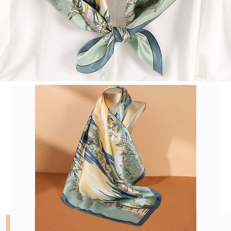 Pastoral Scene Hot Air Balloon Spring Blossom 100% Mulberry Silk Neck Hair Scarf