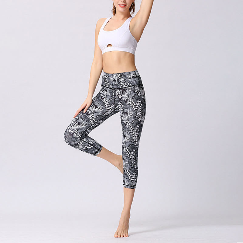 Leaves Butterfly Print Sports Yoga Cropped Leggings Women's Yoga Capri Pants