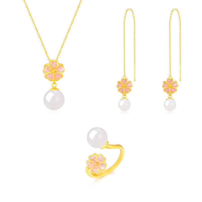 925 Sterling Silver Natural Hetian White Jade Cherry Blossom Sakura Luck Necklace Pendant Ring Earrings Set