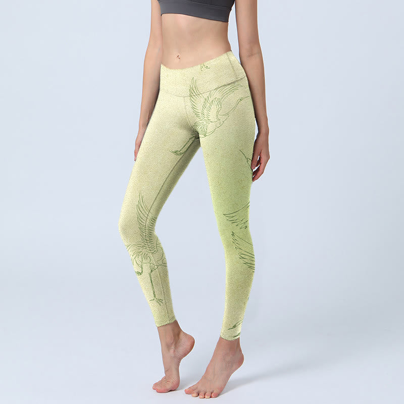 Light Yellow Crane Print Sports Leggings Women's Yoga Pants