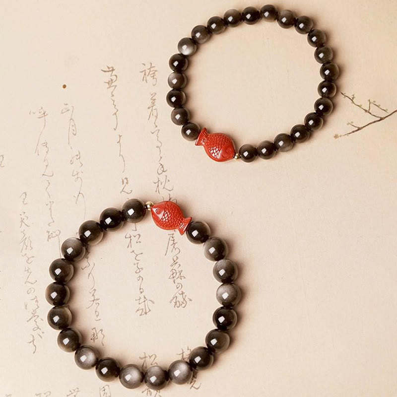 Natural Silver Sheen Obsidian Cinnabar Koi Fish Soothing Protection Bracelet